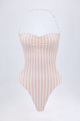Cut-Out Halterneck Swimsuit in Mauve Double Stripe
